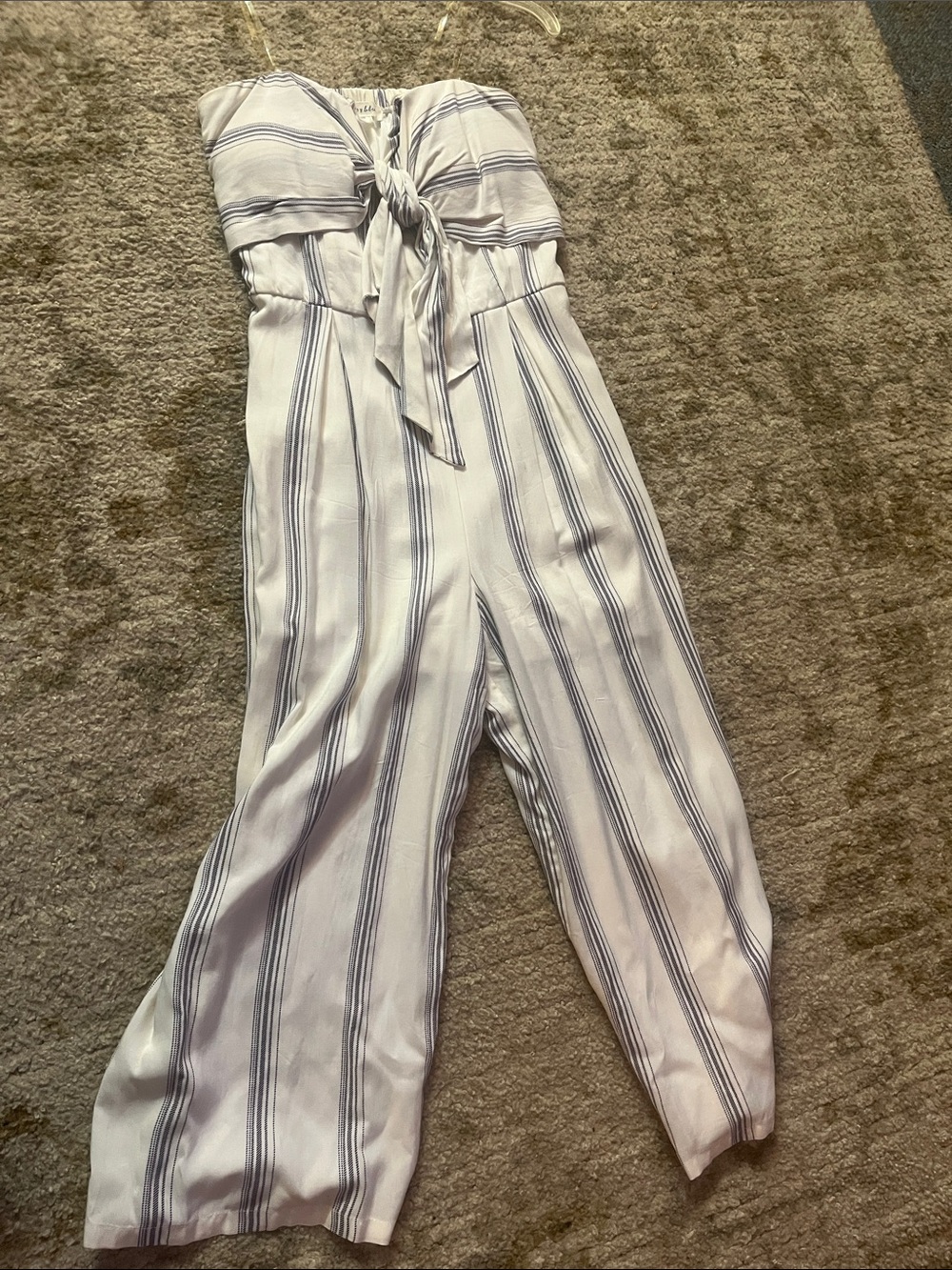 Striped White and Blue Strapless Jumpsuit with Front Tie